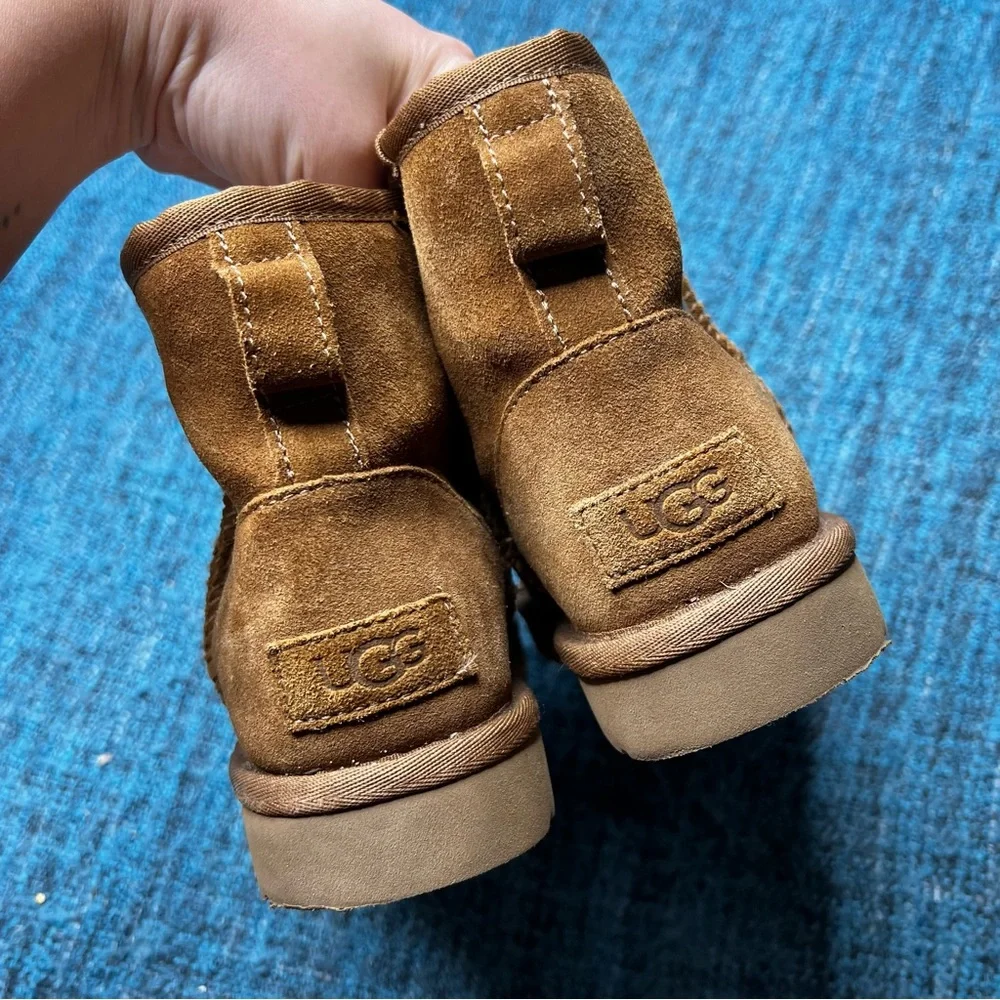 UGG Classic Mini Rubber Logo Fleece Lined Booties in Chestnut Brown Women's 5